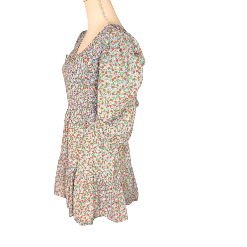 Sea New York Lilly Smocked Mini Dress Blue Strawberry Floral Puff Sleeve Large - Picture 6 of 12
